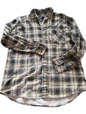 Puritan Large Gray Beige Yellow Plaid Flannel Button Down Distressed Shirt